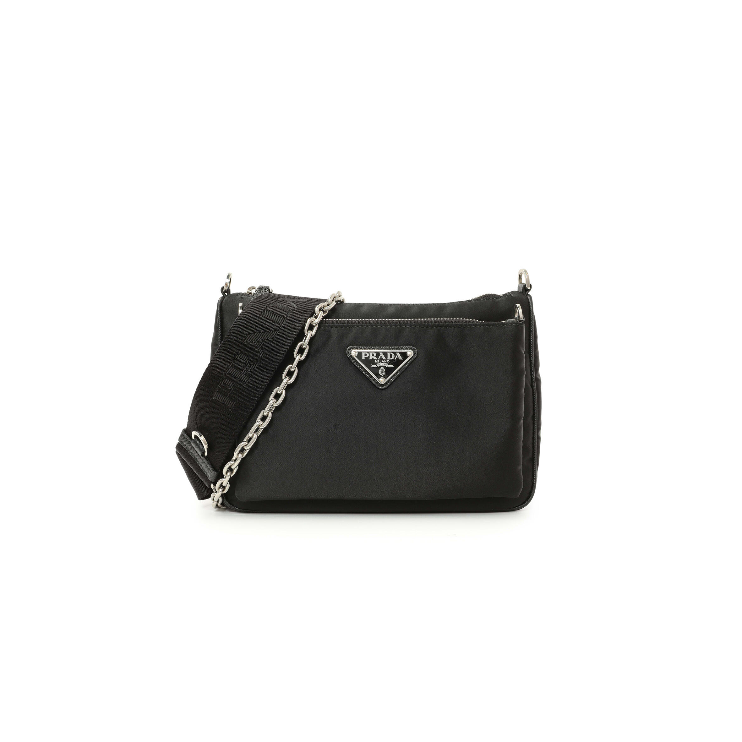PRADA BLACK RE-NYLON SAFFIANO DOUBLE POUCH SHOULDER BAG 1BH168 (22*16*4.5cm) 